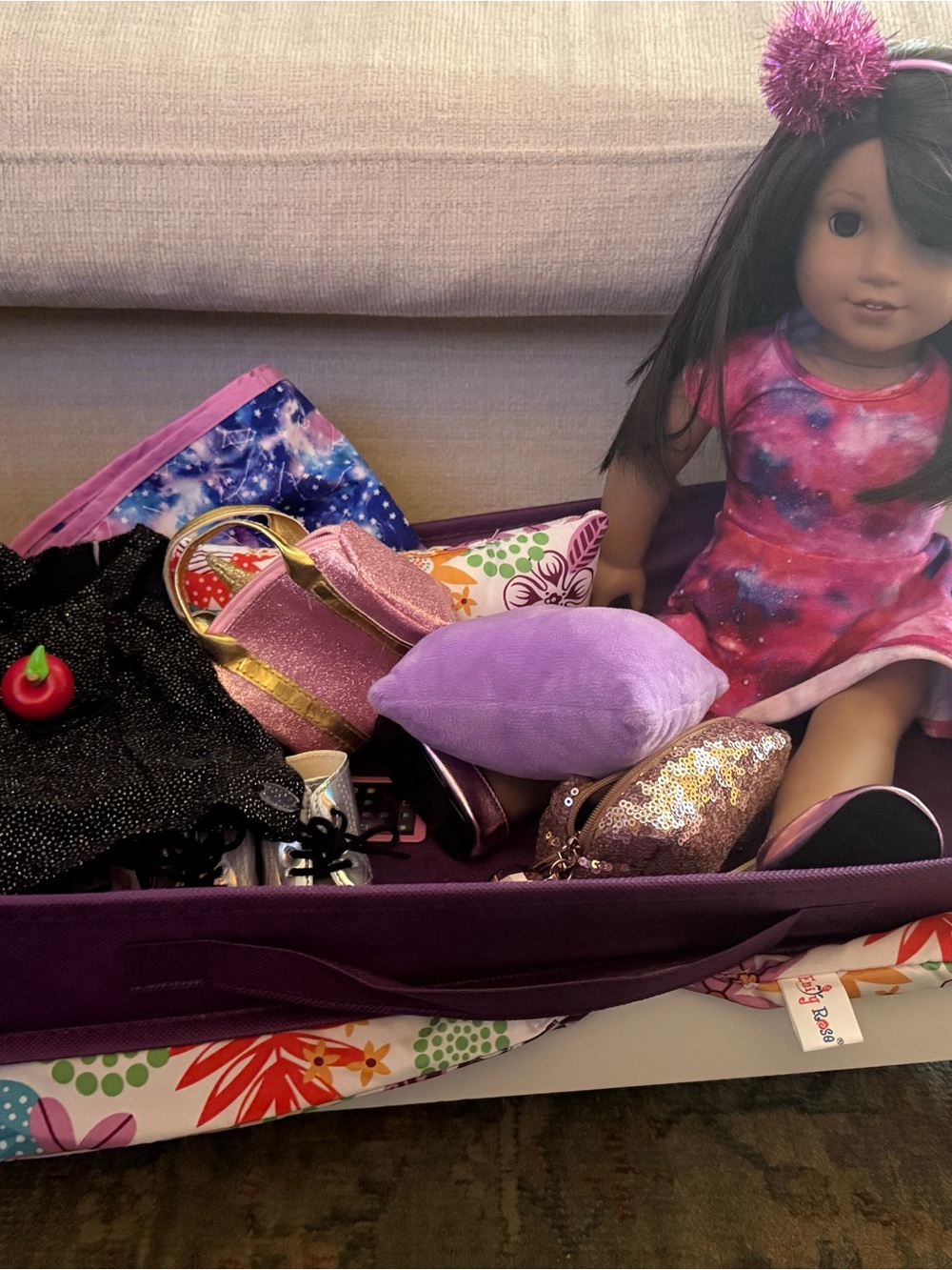 American Girl Pink and Purple Galaxy Dress with Purple Pillow & Sequin Pouch